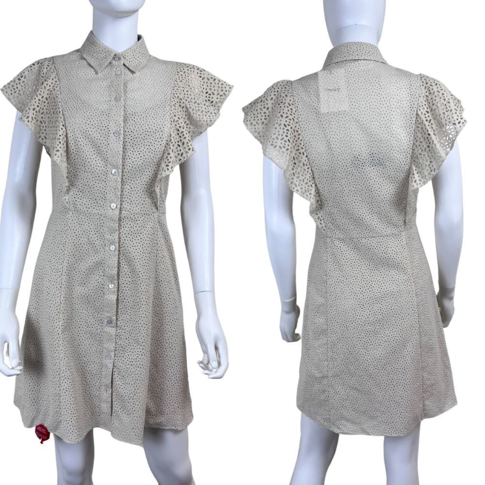 Theory Nova Women Size 2 Beige Eyelet Ruffle Shirt Mini NEW Lace Dress Button